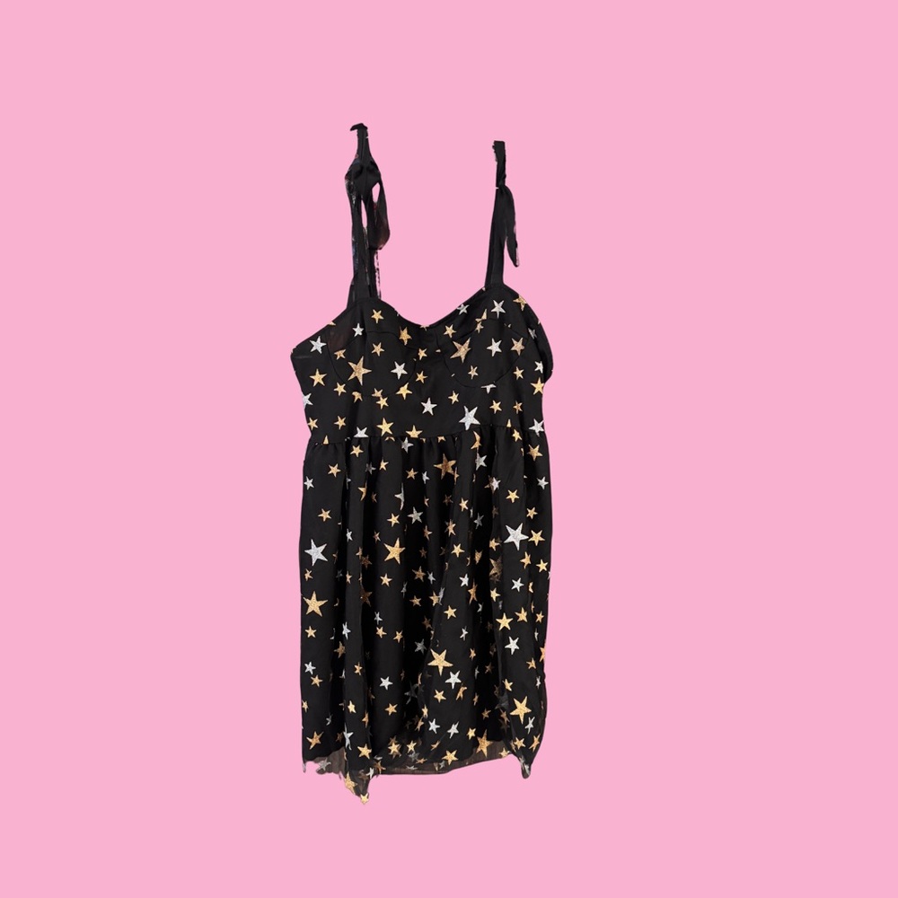 Black Star-Print Satin Chemise with Tie Straps